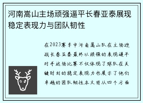 河南嵩山主场顽强逼平长春亚泰展现稳定表现力与团队韧性