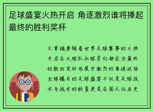 足球盛宴火热开启 角逐激烈谁将捧起最终的胜利奖杯