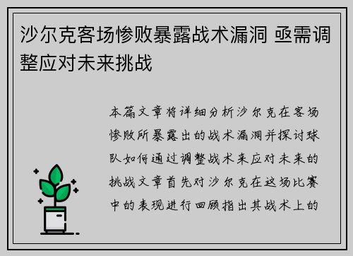 沙尔克客场惨败暴露战术漏洞 亟需调整应对未来挑战