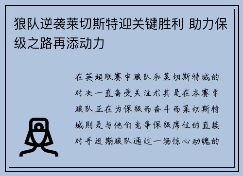 狼队逆袭莱切斯特迎关键胜利 助力保级之路再添动力