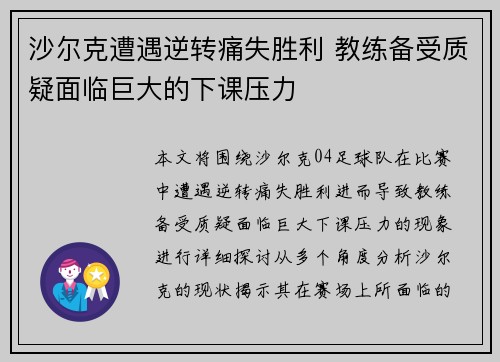 沙尔克遭遇逆转痛失胜利 教练备受质疑面临巨大的下课压力
