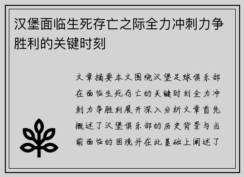 汉堡面临生死存亡之际全力冲刺力争胜利的关键时刻