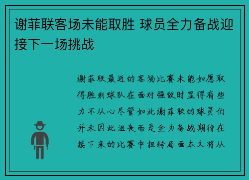 谢菲联客场未能取胜 球员全力备战迎接下一场挑战
