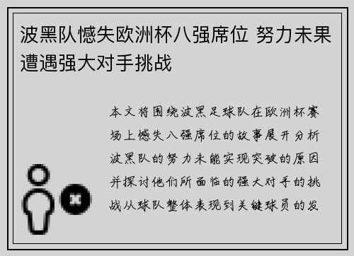 波黑队憾失欧洲杯八强席位 努力未果遭遇强大对手挑战
