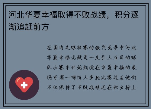 河北华夏幸福取得不败战绩,积分逐渐追赶前方