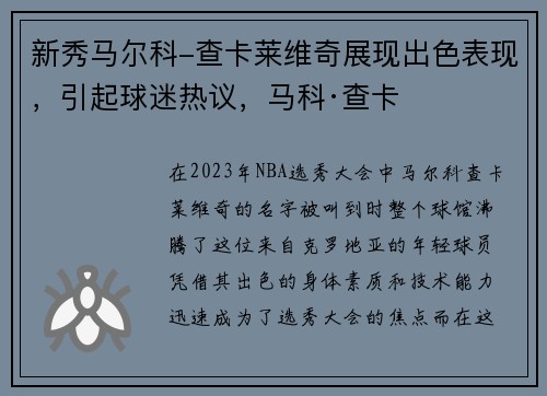 新秀马尔科-查卡莱维奇展现出色表现，引起球迷热议，马科·查卡