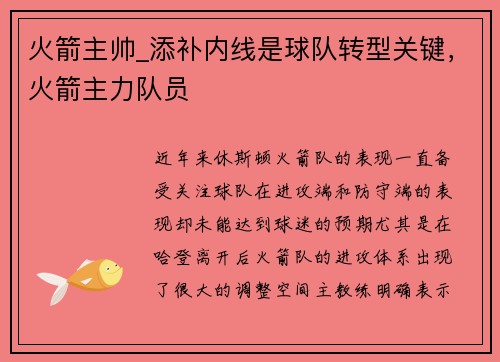 火箭主帅_添补内线是球队转型关键,火箭主力队员