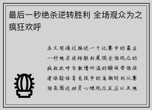 最后一秒绝杀逆转胜利 全场观众为之疯狂欢呼