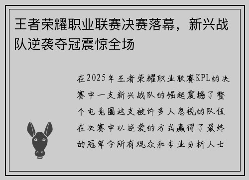 王者荣耀职业联赛决赛落幕，新兴战队逆袭夺冠震惊全场